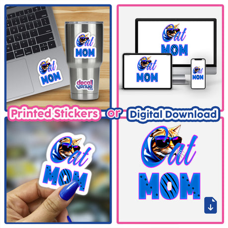 Collage of Cat mom stickers and digital artwork featuring a cat with sunglasses on laptops, a computer screen, and a person holding the sticker.