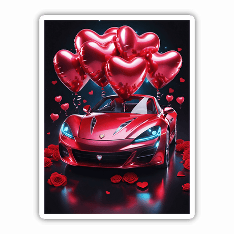 Hot Red Sports Car with Heart Balloons