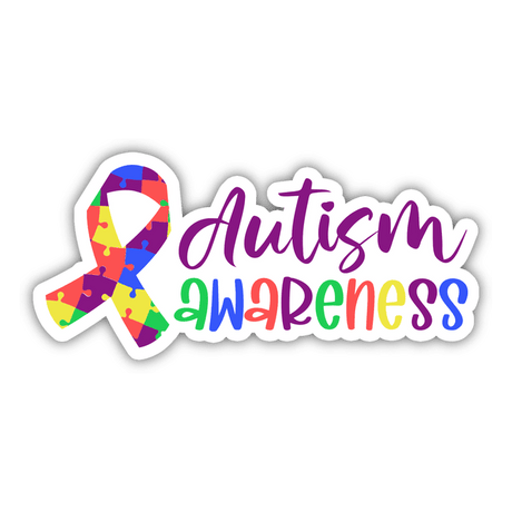 Autism Awareness Sticker featuring colorful ribbon graphics and bold typography, available as stickers from Decal Venue.