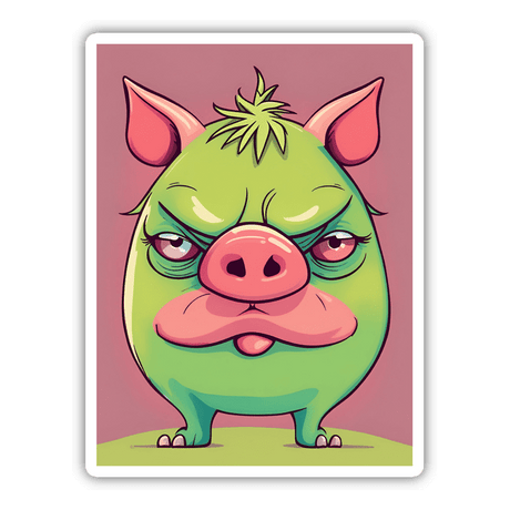 Adorable Angry Green Pig - Vibrant digital artwork featuring a comical, grumpy-looking pig against a pink background.