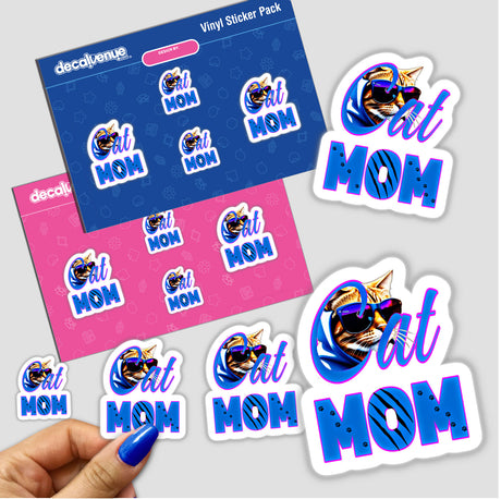 Cat mom sticker featuring a cat in sunglasses and a hoodie, among various other cat-themed stickers and text elements. Available as a sticker or digital artwork.