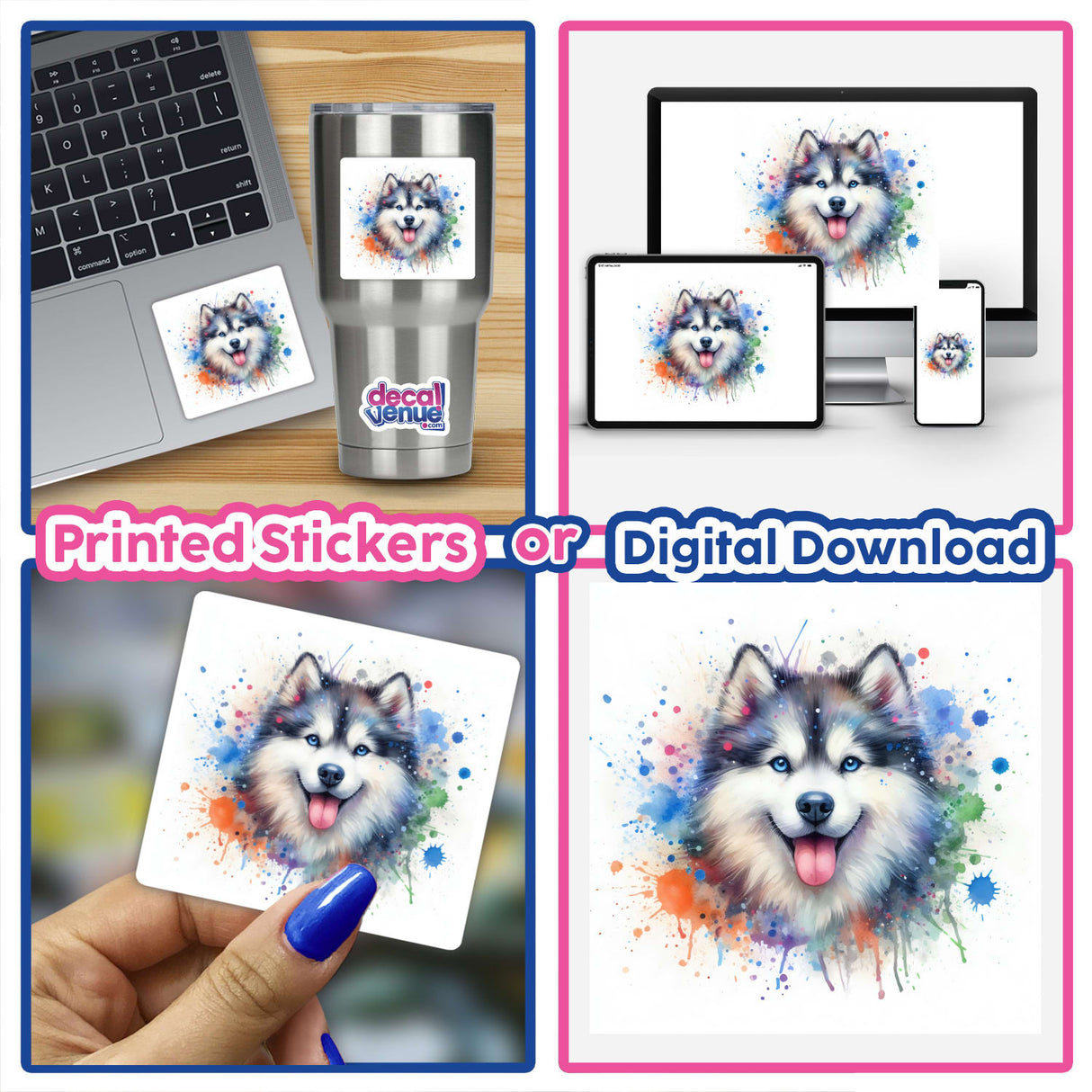 Happy Watercolor Splatter Husky Face