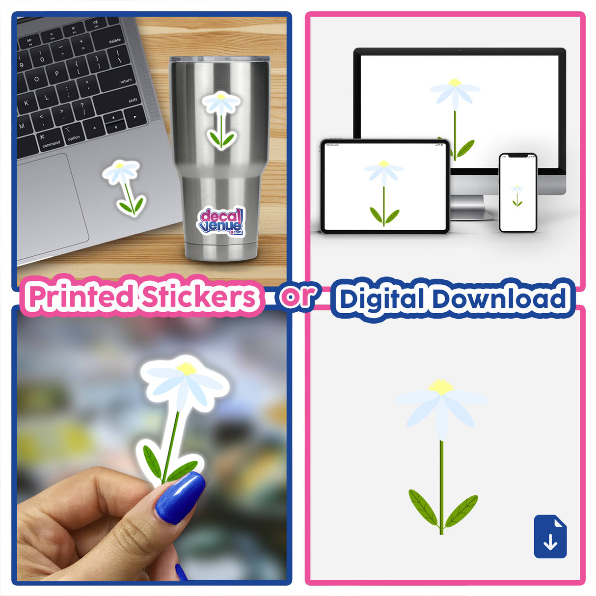 Collage of Light Blue Flower stickers and digital artwork featuring a laptop with stickers, a close-up of a hand with nail art, and white flowers.