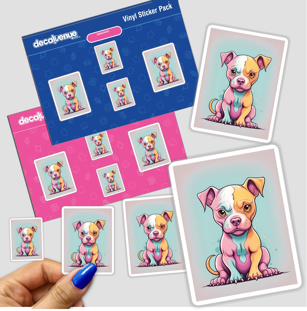 Vibrant digital artwork of adorable, colorful dogs featuring an angry expression on the Decal Venue store sticker pack.