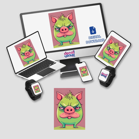 Adorable angry green pig digital artwork displayed on various electronic devices including a laptop, smartphone, and smartwatch, showcased on a white background with the Decal Venue store logo visible.