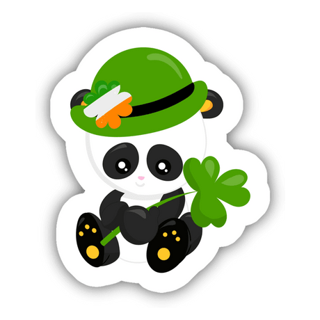 Cute St. Patrick's Day Panda with Shamrock Sticker featuring a cartoon panda holding a clover, perfect for decorating your water bottle, laptop, or phone case with festive flair.