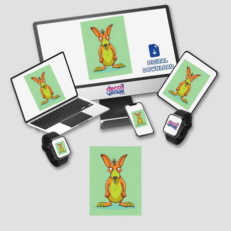 Adorable angry kangaroo digital artwork featured on multiple electronic devices and products from the Decal Venue store, including a laptop, tablet, smartphone, and watch.