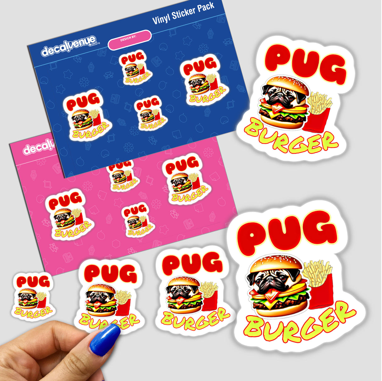 Pug burger and fries sticker featuring a cute cartoon pug inside a burger, with fries on the side, displayed on a table.