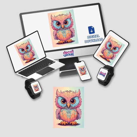 Colorful digital artwork of an adorable angry owl featured on various digital devices and products from Decal Venue, an online store offering unique stickers and digital art.