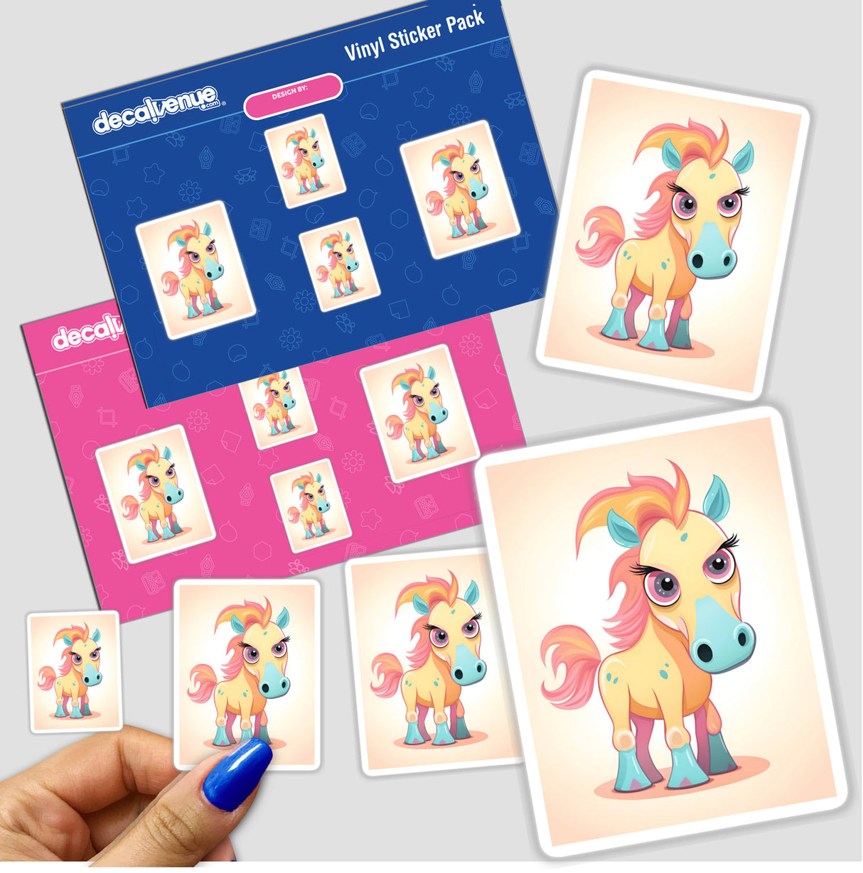Adorable cartoon horse stickers with vibrant colors and expressive facial features, displayed on a Decal Venue vinyl sticker pack.