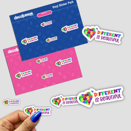 Different is Beautiful Sticker featuring a heart-shaped puzzle piece and inspirational text, part of a sticker pack with various designs, showcased on a surface.