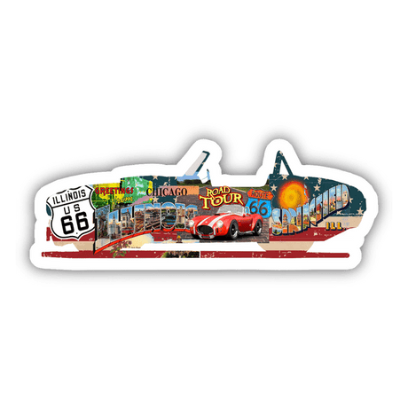 Route 66 themed digital artwork with vintage cars, landmarks, and road signs