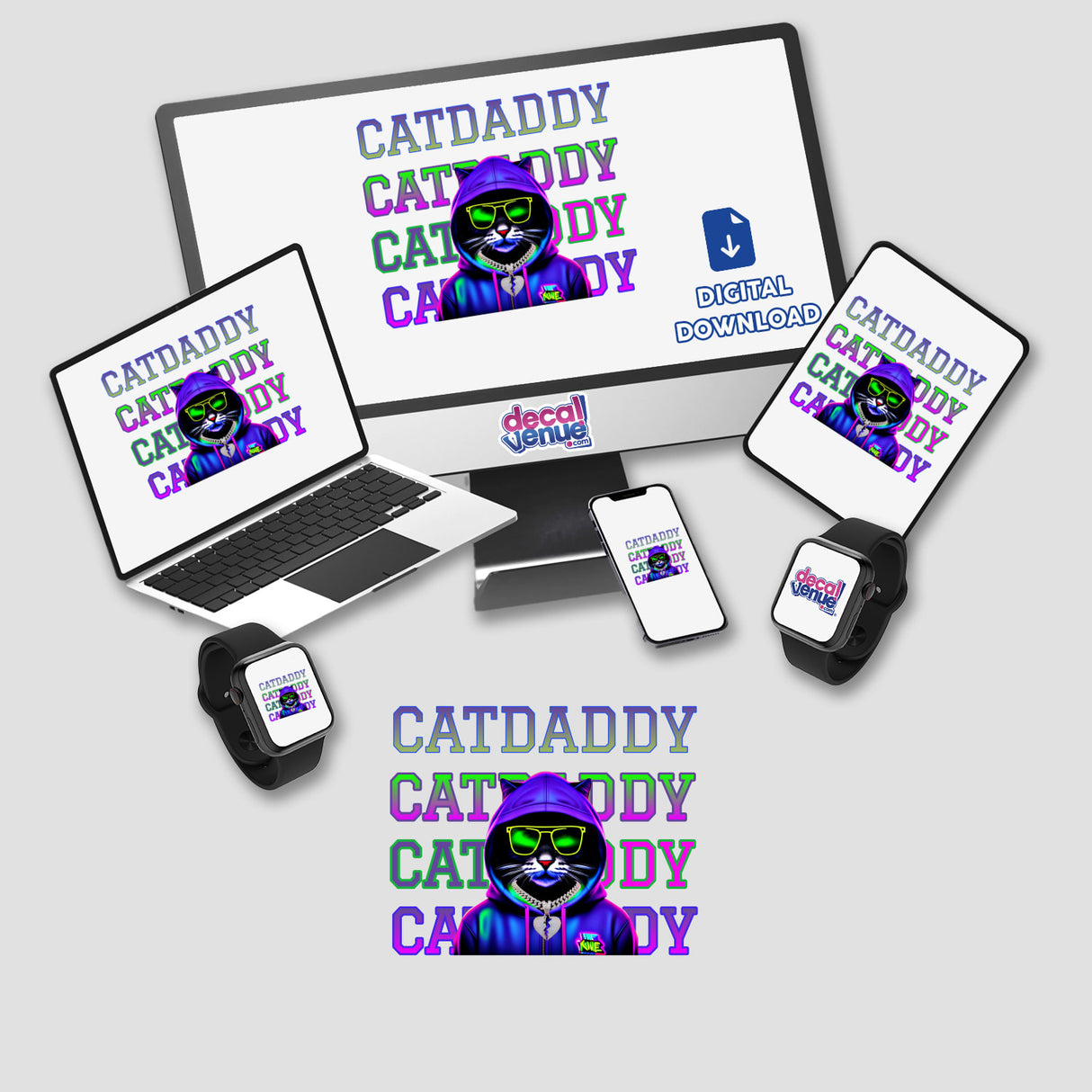 Cool Cat Daddy artwork featuring a cat in a hoodie and sunglasses displayed on a computer monitor and laptop, available as stickers or digital artwork from Decal Venue.