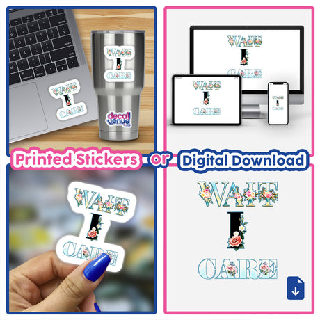 Motivational Inspirational Phrase stickers and digital artwork displayed on laptops and a phone in a collage.