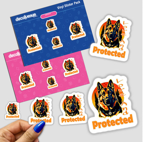 Stickers featuring a German Shepherd with a collar, available as physical stickers or digital artwork, showcasing the text German Shepherd Love.