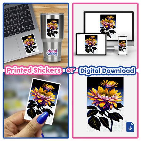 Collage showcasing Super Wild Flower stickers and digital art, featuring vibrant flowers integrated with laptops, phones, and stainless steel cups.