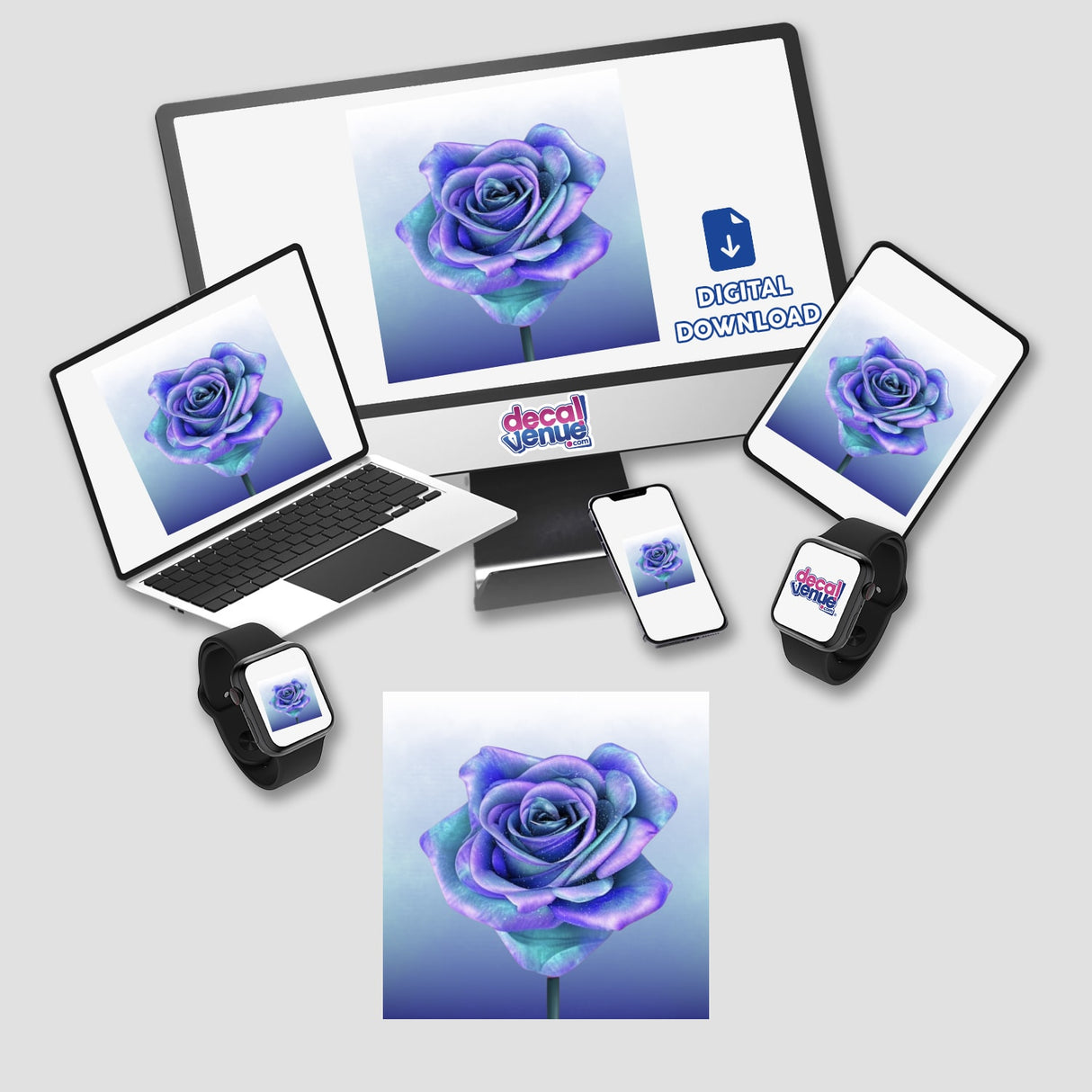 Computer monitor and laptop displaying a Blue Rose on their screens, available as stickers or digital artwork from Decal Venue.