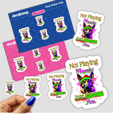 German Shepherd Music sticker featuring a cartoon dog wearing headphones and a hat, surrounded by musical-themed elements and words. Available as stickers or digital artwork.