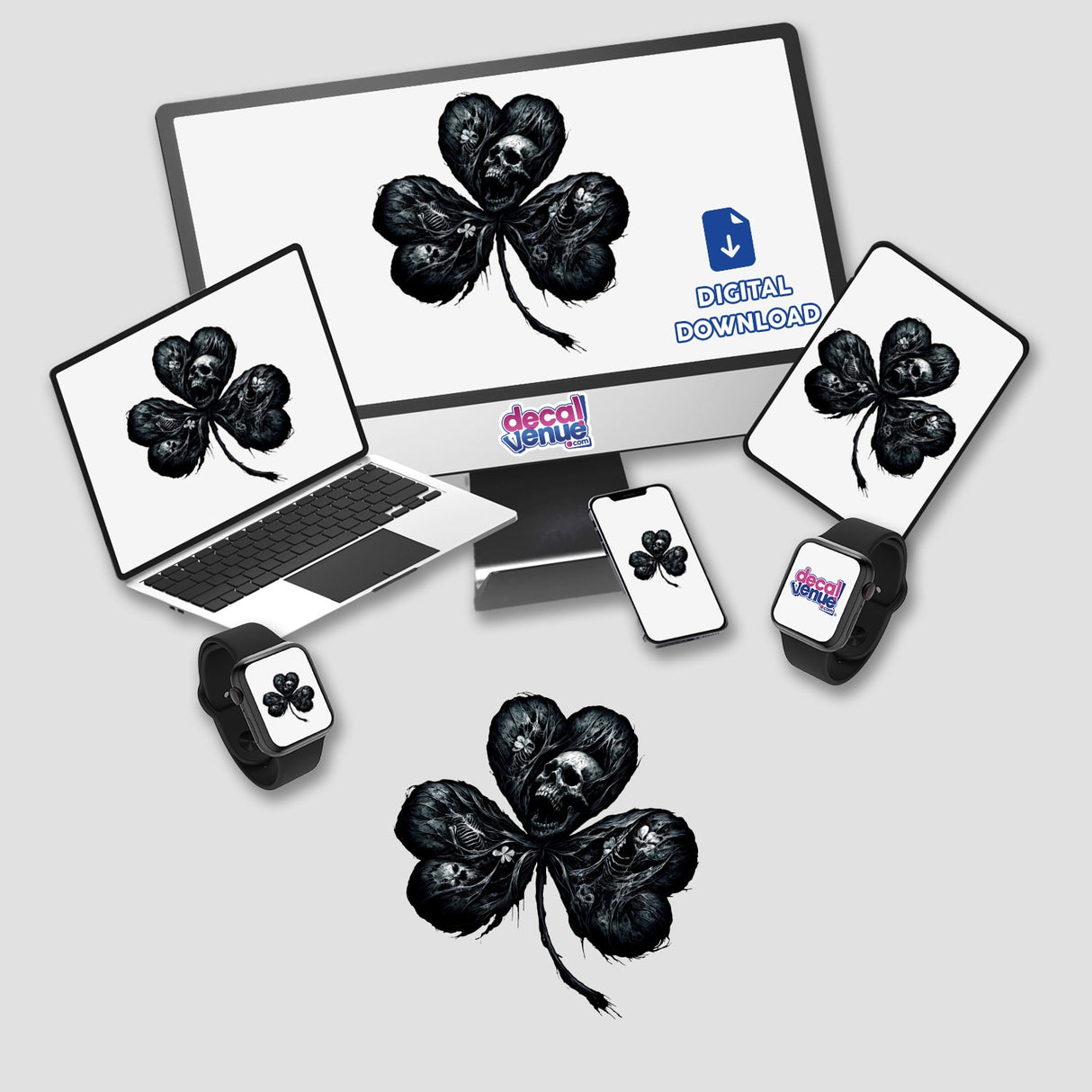 Monochrome skeletal shamrock design sticker featured on various digital devices, including a laptop, smartphone, and smartwatch, surrounded by the Decal Venue logo and "Digital Download" text.