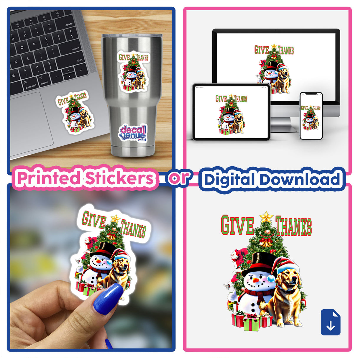 Golden Retriever Christmas stickers featuring a laptop with a festive snowman and dog cartoon, and a close-up of a finger applying a sticker.