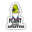 Plant Based Lifestyle Sticker featuring a gnome illustration with a leaf, perfect for adding a touch of whimsy and nature to any surface.