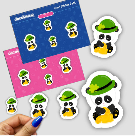 St Patrick's Day Panda with gold coins Sticker featuring cartoon pandas in festive hats, holding coins, and a hand holding one sticker. Ideal for enhancing creative projects with an Irish twist.