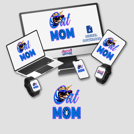 Cat mom digital artwork displayed on a computer monitor and laptop, featuring a cat logo on the screens. Available as stickers or digital artwork from Decal Venue.