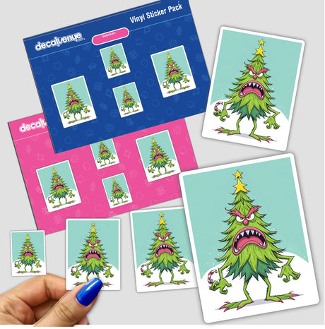 Adorable angry Christmas tree digital artwork stickers with sharp teeth and quirky design displayed on product packaging from Decal Venue store.