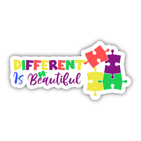 Different is Beautiful Sticker featuring interlocking puzzle pieces with text, highlighting uniqueness and inclusivity, available at Decal Venue.