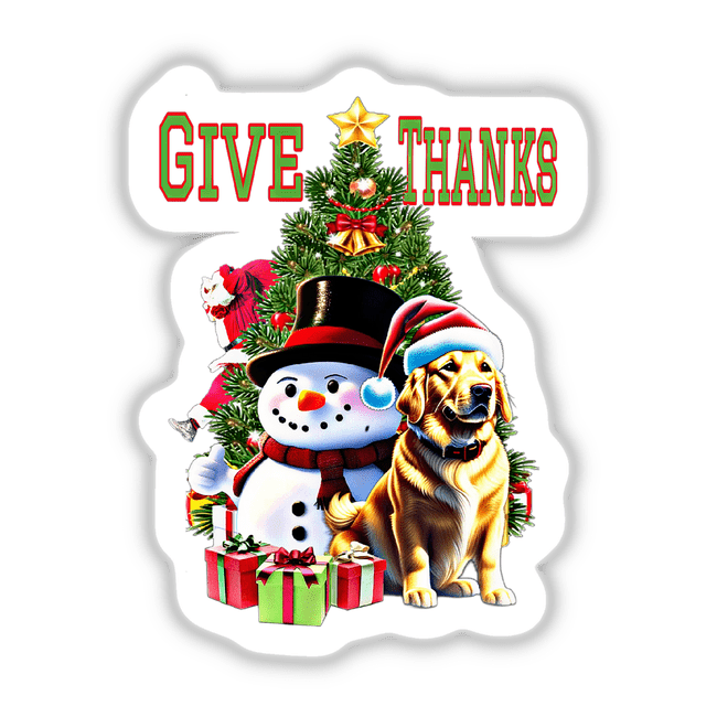 Golden Retriever Christmas: A snowman with a hat and scarf stands beside a festive dog holding a gift, with presents and a Christmas tree in the background. Available as stickers or digital artwork.