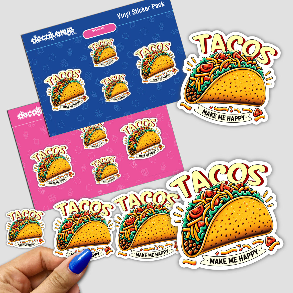 Colorful stickers featuring tacos and the text "Tacos Make Me Happy" on a pink and blue background from Decal Venue's product collection.