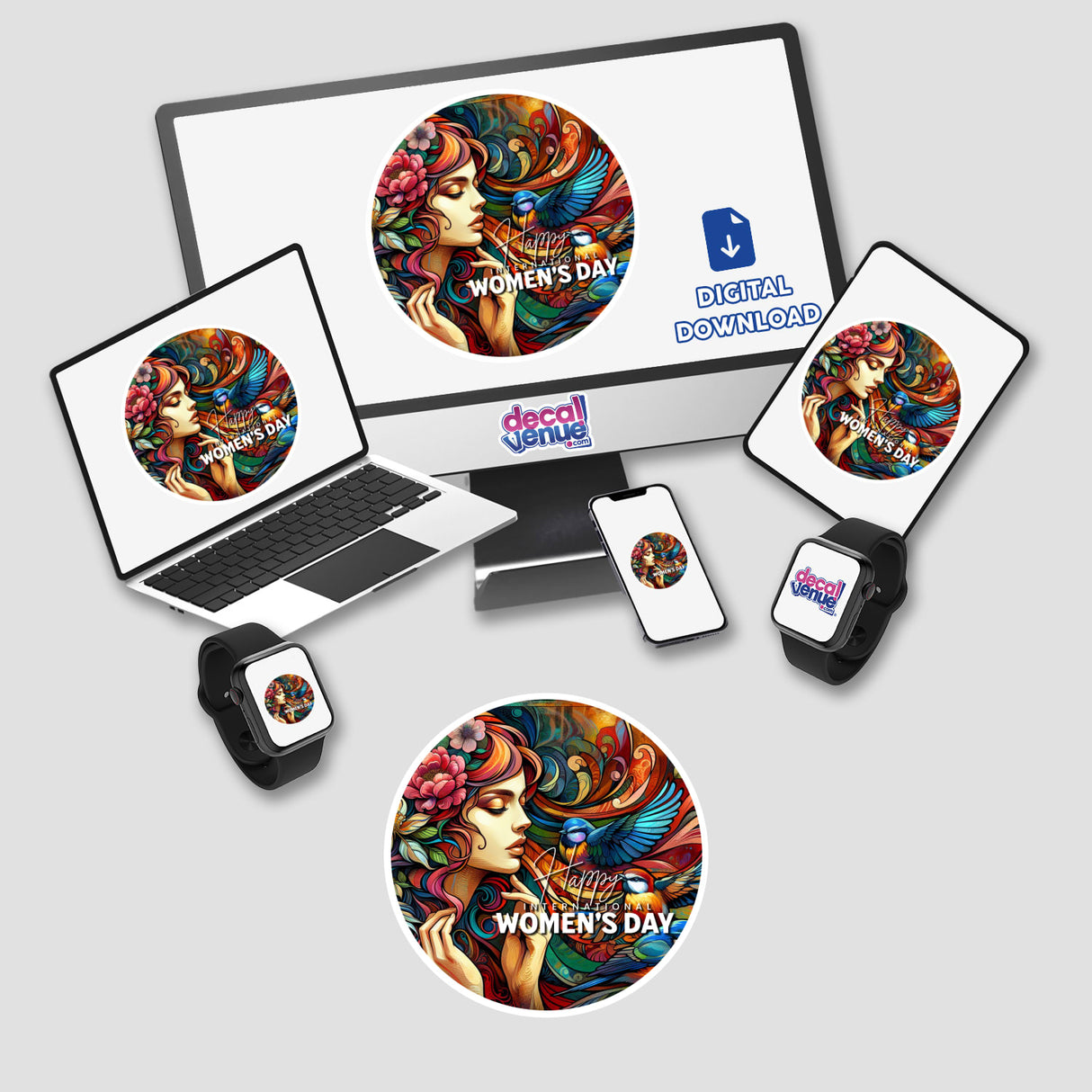 Colorful digital artwork celebrating International Women's Day, featuring a female figure surrounded by vibrant floral and animal motifs, displayed on various electronic devices.