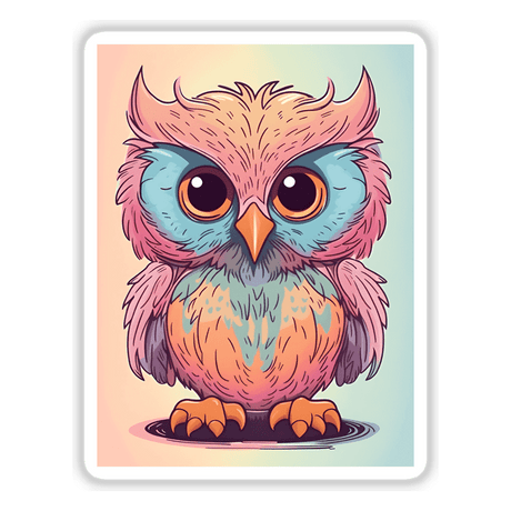 Adorable pink and blue owl digital artwork with large eyes and detailed feathers, perched on a surface