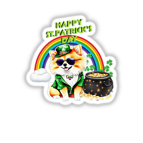 Pomeranian in hat and sunglasses with a pot of gold coins, perfect for St. Patrick's Day stickers or digital artwork.