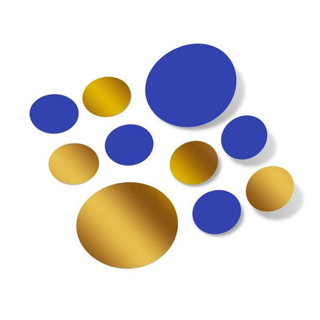 Blue and metallic gold polka dot circle wall decals for decorating versatile surfaces.