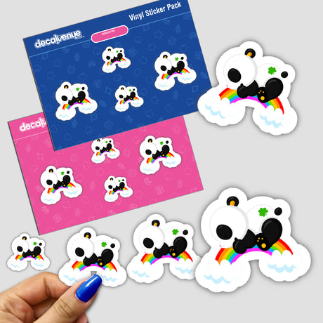 St Patrick's Day Panda on Rainbow Sticker featuring a playful cartoon panda with a rainbow background. Perfect for adding personality to any surface, expressing love for pandas and St. Patrick's Day.