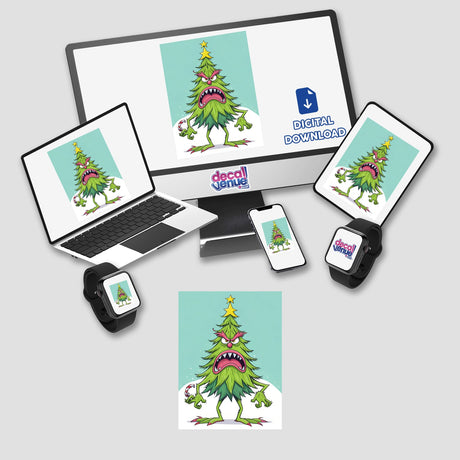 Adorable angry Christmas tree digital artwork displayed across various devices, including a desktop computer, laptop, tablet, smartphone, and smartwatch, all showcasing the Decal Venue brand.