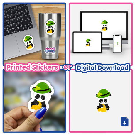 St. Patrick's Day Panda with gold coins Sticker featuring a cartoon panda in a green hat holding a clover; perfect for adding festive charm to your creative projects.