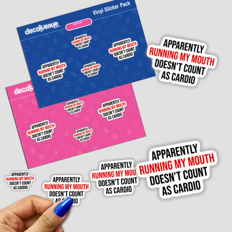 Humorous fitness-themed stickers featuring sarcastic statements like "Apparently running my mouth doesn't count as cardio" displayed on a blue and pink background from Decal Venue, an online store for unique stickers and digital art.