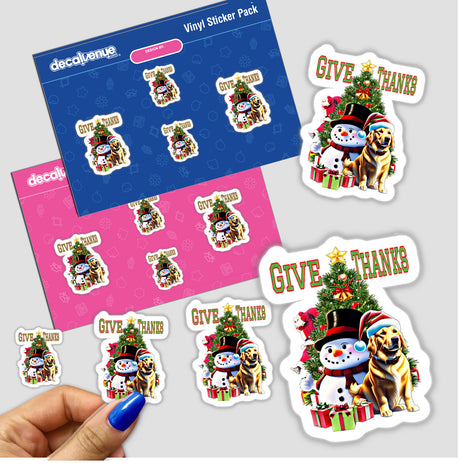 Golden Retriever Christmas stickers featuring a dog wearing a Santa hat and festive elements like a Christmas tree and snowman. Available as stickers or digital artwork from Decal Venue.