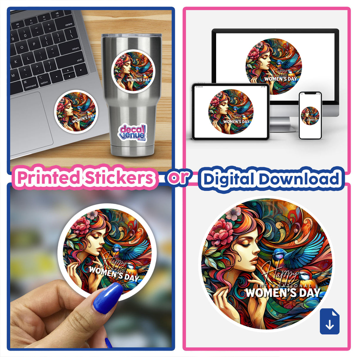 Colorful abstract art showcasing a female figure surrounded by vibrant, nature-inspired patterns. The artwork is displayed on various digital devices and printed stickers, highlighting its versatility as a digital download or physical product.