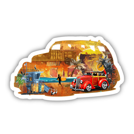 Vibrant digital artwork showcasing a vintage red car on a beach scene with palm trees, architectural elements, and lively details.