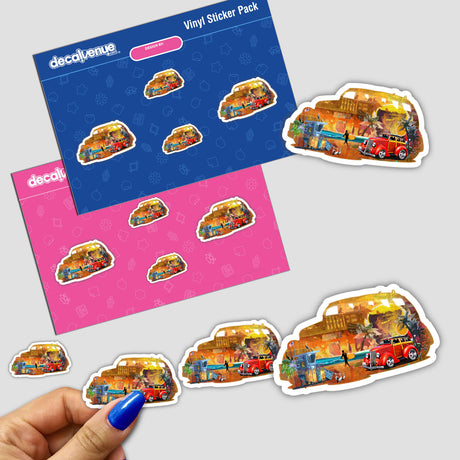 Colorful digital artwork stickers depicting a retro camper van scene on a beach, surrounded by palm trees and people. The sticker pack features multiple similar designs in various sizes, suitable for placement on various surfaces to express one's style.