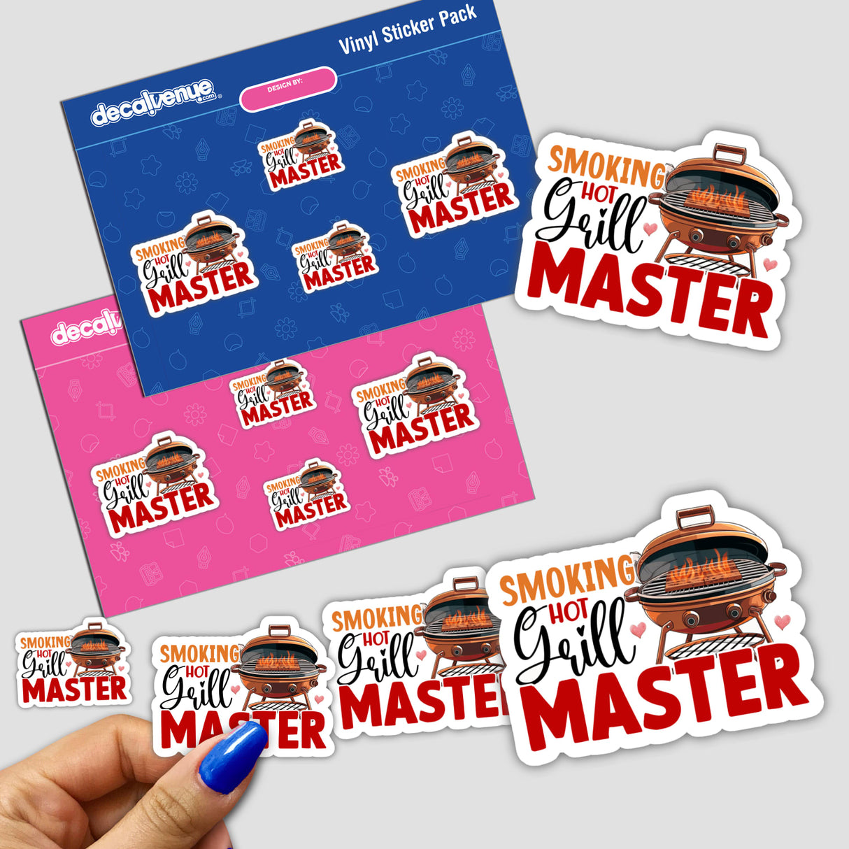 Colorful grill-themed stickers featuring the "Smoking Hot Grill Master" design on a barbecue grill, displayed in a sticker pack from the Decal Venue store.