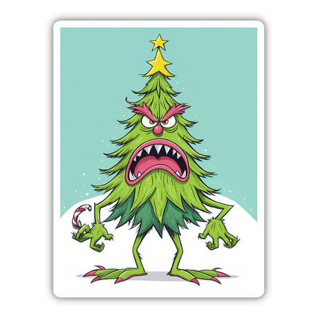 Angry Christmas tree with sharp teeth and claws, holding a star on top, in a digital artwork format