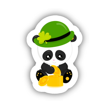 St. Patrick's Day Panda with gold coins Sticker featuring a cartoon panda in a green hat holding a gold coin, perfect for adding festive charm to your creative projects.