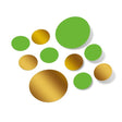 Lime green and metallic gold polka dot circles wall decals on white background.