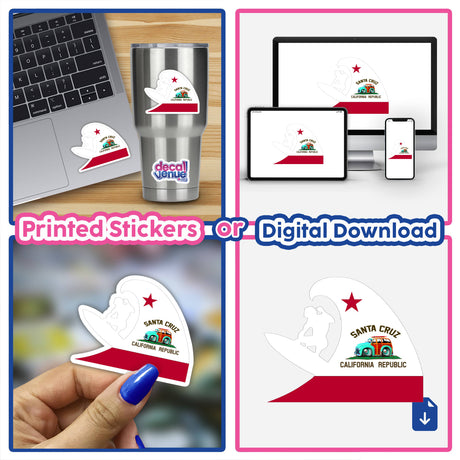 Versatile Santa Cruz logo stickers and digital artwork - ideal for customizing laptops, water bottles, and other surfaces to express your California style.