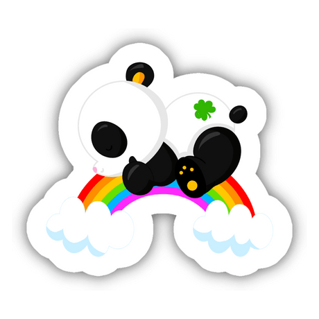 St Patrick's Day Panda on Rainbow Sticker: A cartoon panda peacefully sleeping on a rainbow, blending playful design and festive charm, perfect for adding personality to any surface.