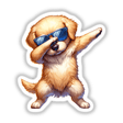 Adorable golden retriever puppy wearing stylish sunglasses and dabbing, digital artwork sticker